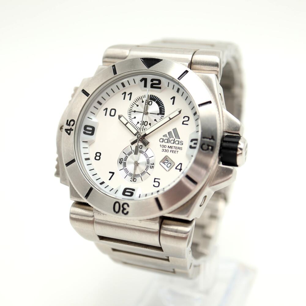 Adidas Chunky Y2K Stainless Steel Chronograph 48mm Watch Left Buttons Silver